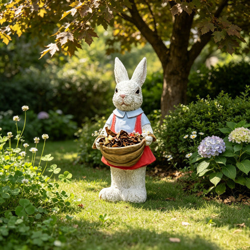 16" Rabbit Couple Garden Statues, Hand-Painted Resin Bunny Planters for Spring & Summer Patio