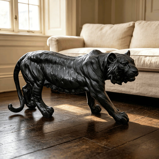 33" Majestic Lifelike Black Tiger Statue, Weatherproof Resin Stalking Feline for Garden & Patio