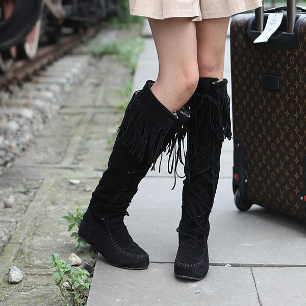 Retro front lace tassels knee high heels