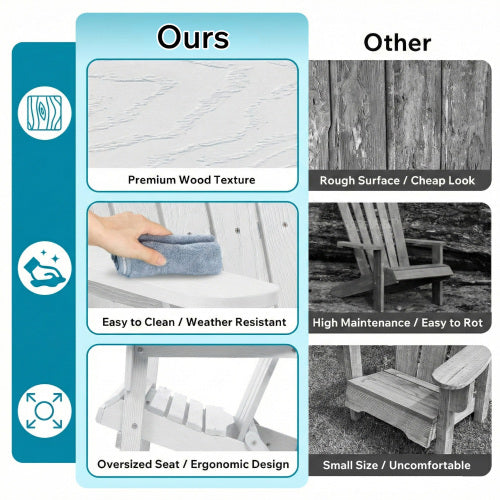 Folding Wooden Adirondack Chair with Embossed Grain, Solid Wood Patio Chair, White