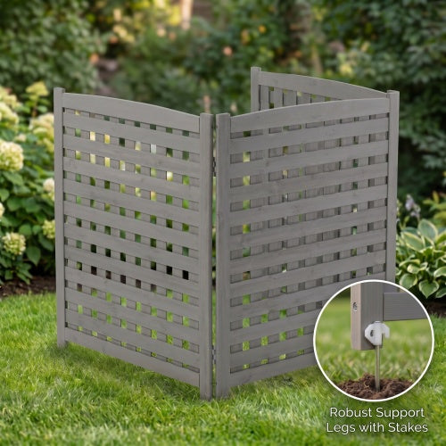 3-Panel Wooden Privacy Screen Fence with Lattice Design, Outdoor AC Cover, Grey