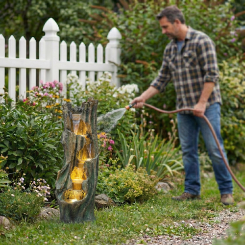 Rustic Tree Trunk Waterfall Fountain, 39.4" LED Lighted Outdoor Zen Garden Decor