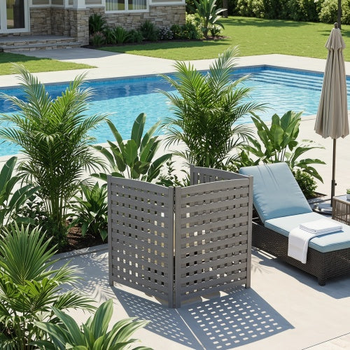 3-Panel Wooden Privacy Screen Fence with Lattice Design, Outdoor AC Cover, Grey