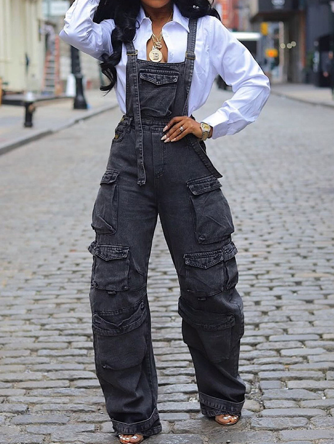 Casual Multiple Pockets Straight Leg Denim Cargo Jumpsuit