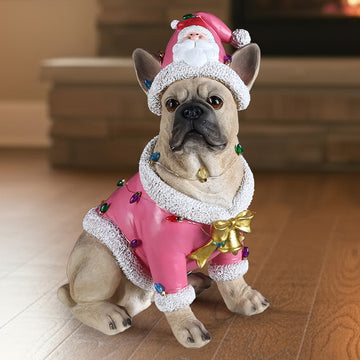 Christmas French Bulldog Statue, Holiday Dog Figurine in Pink Santa Outfit