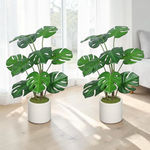 30" Artificial Monstera Deliciosa Plants, 2 Pack Faux Potted Tropical Decor with White Pots