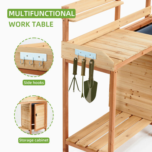 Wooden Potting Bench with Sink & Storage, Outdoor Garden Workstation Table