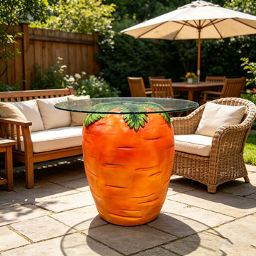 Whimsical Carrot Side Table with Glass Top – 16" Resin Fruit End Table & Nightstand, Durable Weatherproof Accent Furniture for Living Room, Bedroom, Patio, Balcony & Cottagecore Home Decor