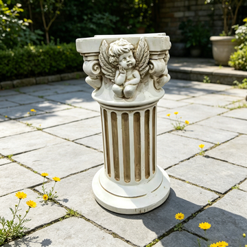18" Vintage Roman Column Pedestal with Sleeping Angel Carving – Antique White Resin Fluted Pillar Display Stand, Sturdy Indoor Outdoor Plant & Statue Riser for Garden, Patio & Wedding Decor