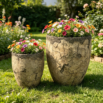 Rustic Cracked Stone Round Planters Set of 2 – Lightweight MGO Concrete-Look Flower Pots with Drainage Holes, Weathered Magnesium Oxide Indoor/Outdoor Planters for Garden, Patio, Entryway & Modern Farmhouse Decor