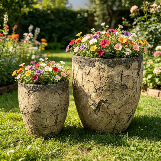 Rustic Cracked Stone MGO Planter Set of 2, Concrete-Look Flower Pots with Drainage Holes