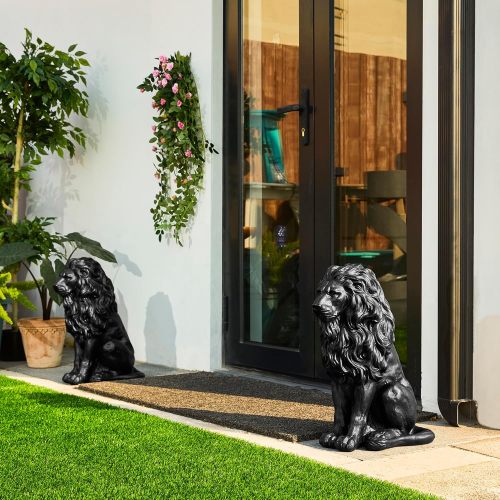 20.5" Majestic Resin Black Lion Statue, Weatherproof Guardian Sculpture for Patio & Entryway