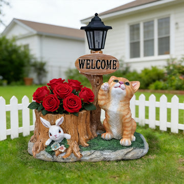 Cute Cat Planter Statue, Solar Lantern Garden Decor with Welcome Sign