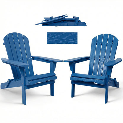 Folding Wooden Adirondack Chair with Embossed Grain, Solid Wood Patio Chair, Navy
