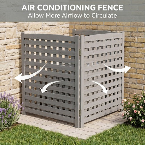 3-Panel Wooden Privacy Screen Fence with Lattice Design, Outdoor AC Cover, Grey