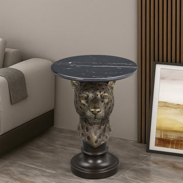 Leopard Head Accent Table, Vintage Resin Animal Statue End Table with Faux Marble Top