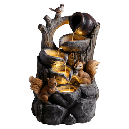 Squirrel Tree Stump Water Fountain, 30" LED Lighted Woodland Garden Water Feature