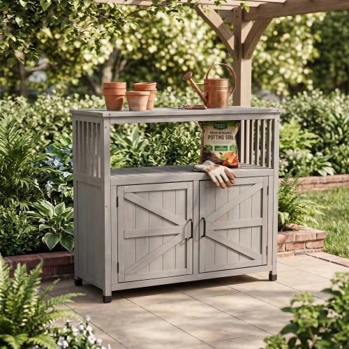 Wooden Outdoor Buffet Cabinet with Storage, Grey Patio Bar Table & Sideboard