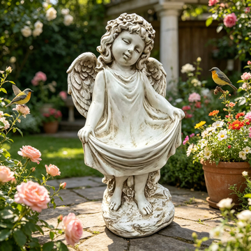 Vintage Weathered Angel Cherub Garden Statue – 21" Hand-Painted Resin Sculpture with Flowing Dress & Wings, Heavy-Duty Waterproof Yard Art for Patio, Lawn, Porch & Memorial Decor