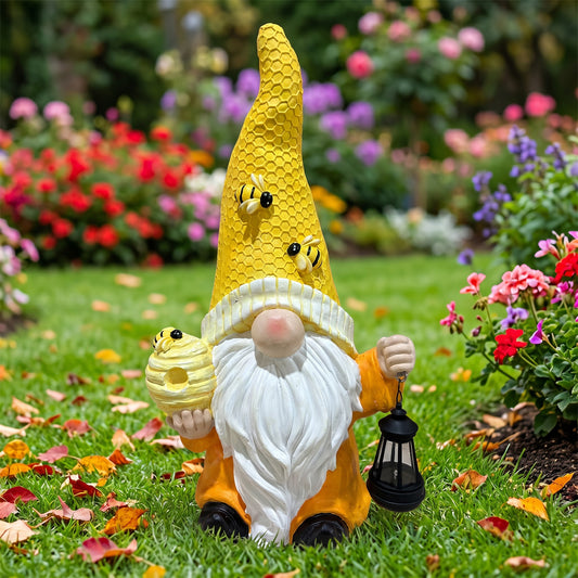 Tree Spirit Gnome Statue, Bee Decor Garden Sculpture with Solar Lantern