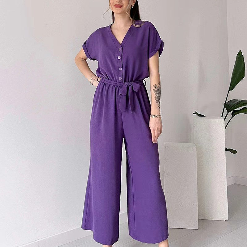 Women's V-Neck Short Sleeve Casual Jumpsuit