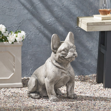 French Bulldog Garden Statue, Cast Stone Outdoor Decor with Antique Gray Finish