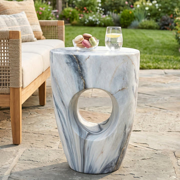 Modern MGO Side Table, Blue Marble Outdoor Garden Stool & Indoor End Table