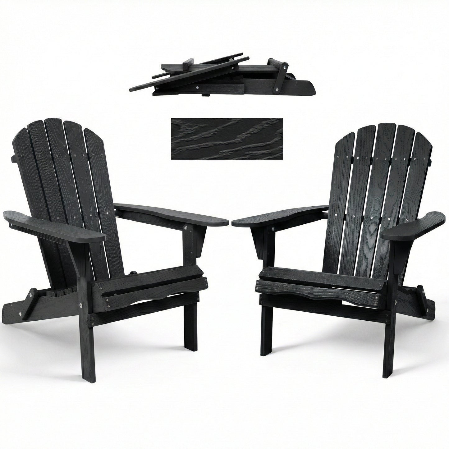 Folding Wooden Adirondack Chair with Embossed Grain, Solid Wood Patio Chair, Black