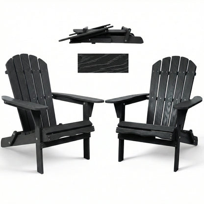 Folding Wooden Adirondack Chair with Embossed Grain, Solid Wood Patio Chair, Black