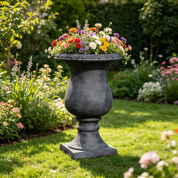 Majestic 26.4" Antique Black MGO Garden Urn Planter – Hand-Painted Weathered Charcoal Finish with Classical Curved Pedestal, Heavy-Duty Outdoor & Indoor Tall Flower Pot for Patio, Front Porch & Landscape Decor