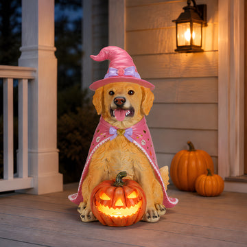Halloween Golden Retriever Statue, Pink Witch Dog Figurine with LED Light Up Pumpkin