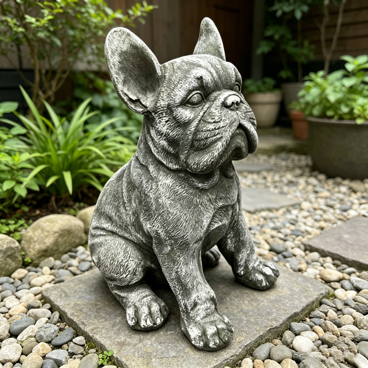 16" Lifelike French Bulldog Garden Statue, Rustic Resin Dog Sculpture for Patio & Backyard Decor