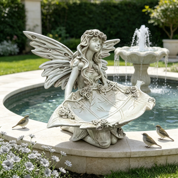 12.8" Whimsical Kneeling Fairy Statue, Resin Leaf Tray Feeder & Holder for Patio & Garden Decor