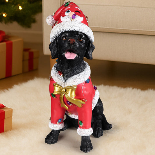 Christmas Black Labrador Statue, Holiday Dog Figurine in Red Santa Outfit