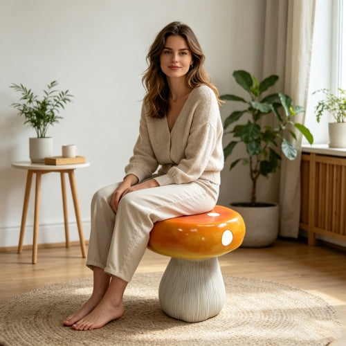 13.4" Oversized Mushroom Stool, Heavy-Duty Resin Side Table in Red, Orange & Green for Patio