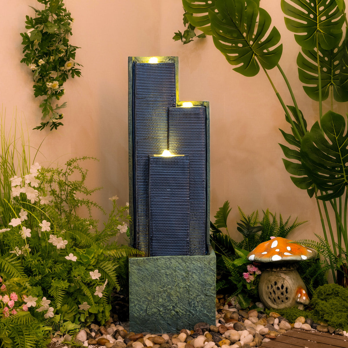 Modern Cascading Column Water Fountain, 39.7" LED Lighted Outdoor Garden Water Feature