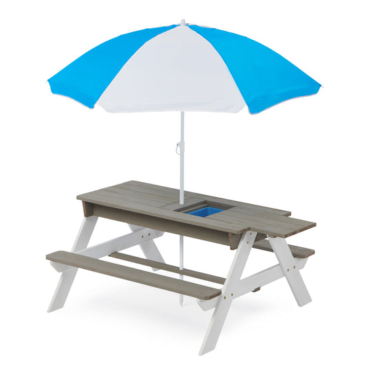 Kids Wooden Picnic Table with Umbrella, 3-in-1 Sand & Water Play Table for Outdoor
