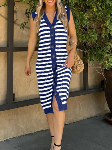 Women's V-Neck Striped Sleeveless Button Down Knit Dress