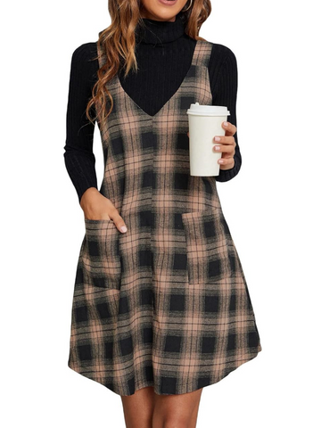 Plaid V Neck Sleeveless Overall Pinafore Dress