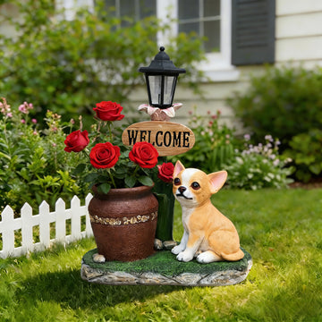Sitting Corgi Dog Planter, Solar Lantern Garden Decor with Welcome Sign