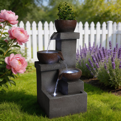 Tiered Cascading Water Fountain with Planter, 23.6" LED Lighted Resin Garden Decor
