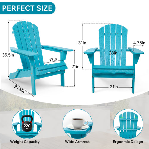 Folding Wooden Adirondack Chair with Embossed Grain, Solid Wood Patio Chair, Turquoise