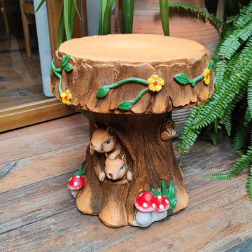 13.4" Whimsical Squirrel Tree Stump Stool, Hand-Painted Resin Side Table for Patio & Playroom