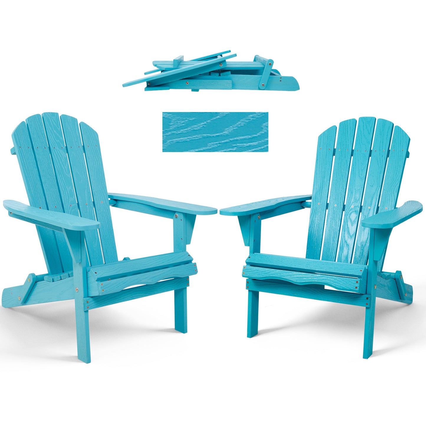 Folding Wooden Adirondack Chair with Embossed Grain, Solid Wood Patio Chair, Turquoise