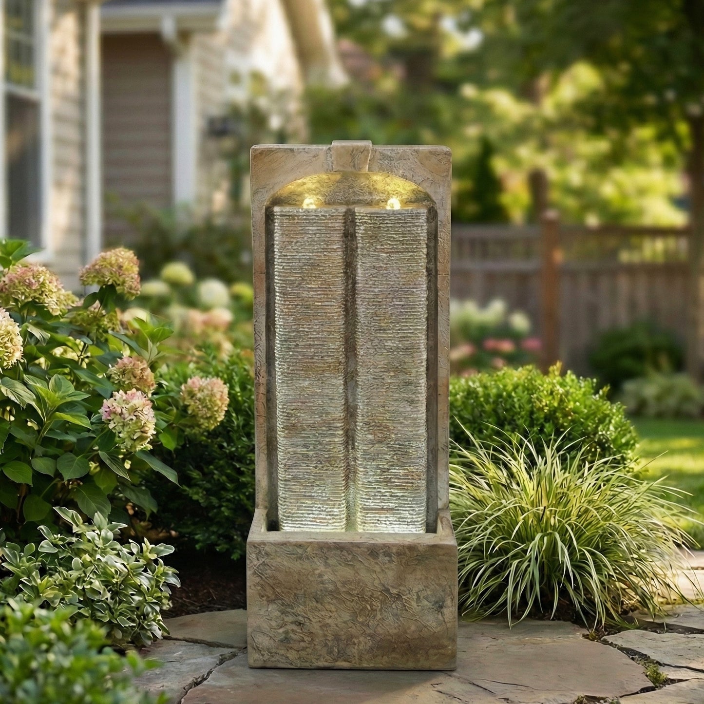 Modern Cascading Wall Fountain, 39" LED Lighted Weather-Resistant Garden Water Feature