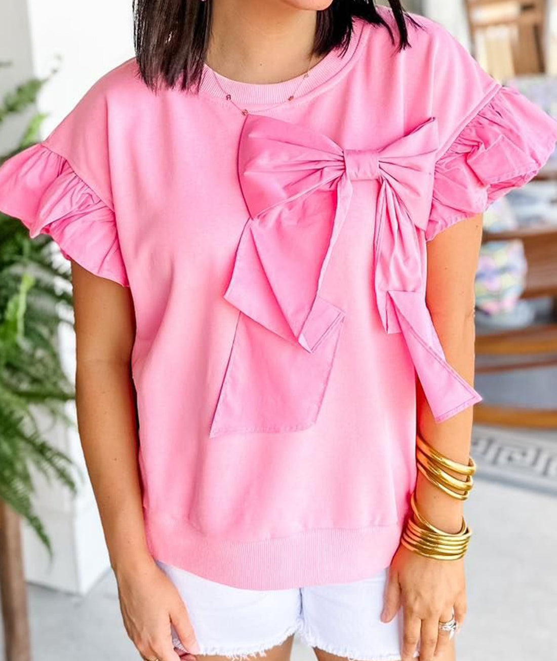 Women's Contrast Ribbon Bow Ruffle Sleeve Top