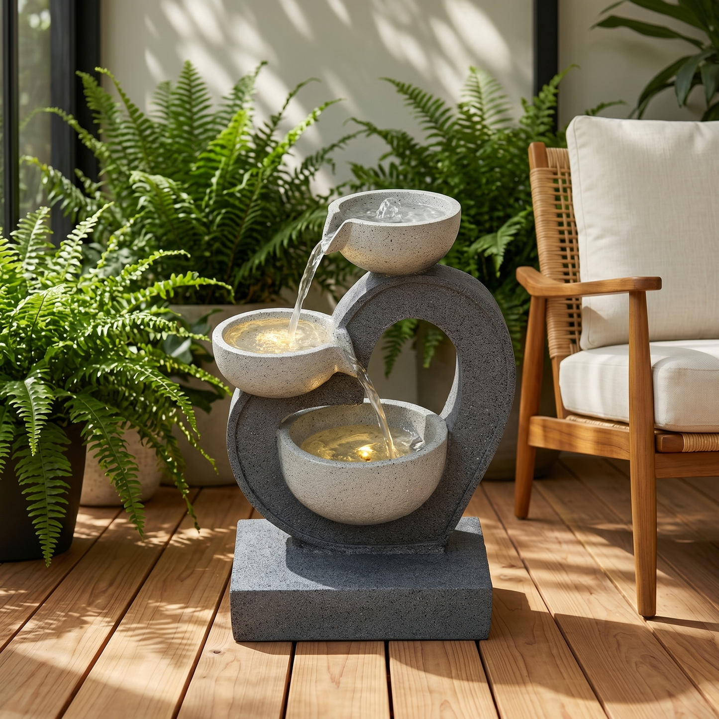 Modern 3-Tier Bowl Waterfall Fountain, 19.7" LED Lighted Indoor/Outdoor Water Feature