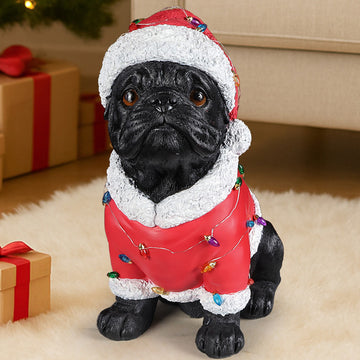 Christmas Pug Statue, Holiday Dog Figurine in Red Santa Outfit