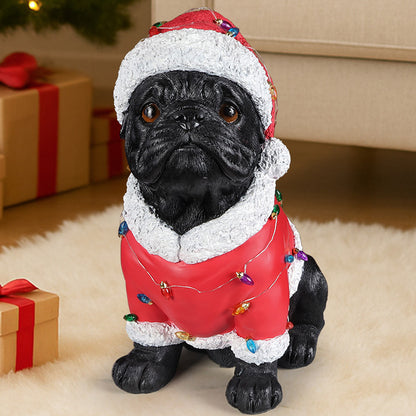 Christmas Pug Statue, Holiday Dog Figurine in Red Santa Outfit