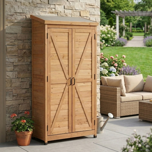 Tall Outdoor Wooden Storage Cabinet, Vertical Tool Shed for Patio & Garden